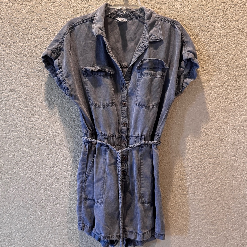 Nicole by Nicole Miller Romper - light black washed denim with braided tie